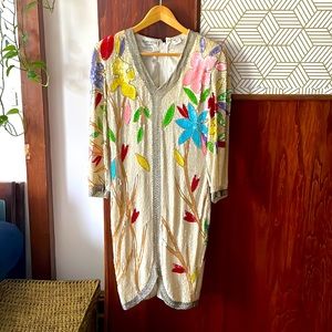 Multi color, pure silk, full sequence evening dress